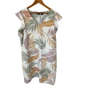 TAHARI Dress Womens 1X Shift Tropical Flutter Sleeve 100% Linen Vacation Resort